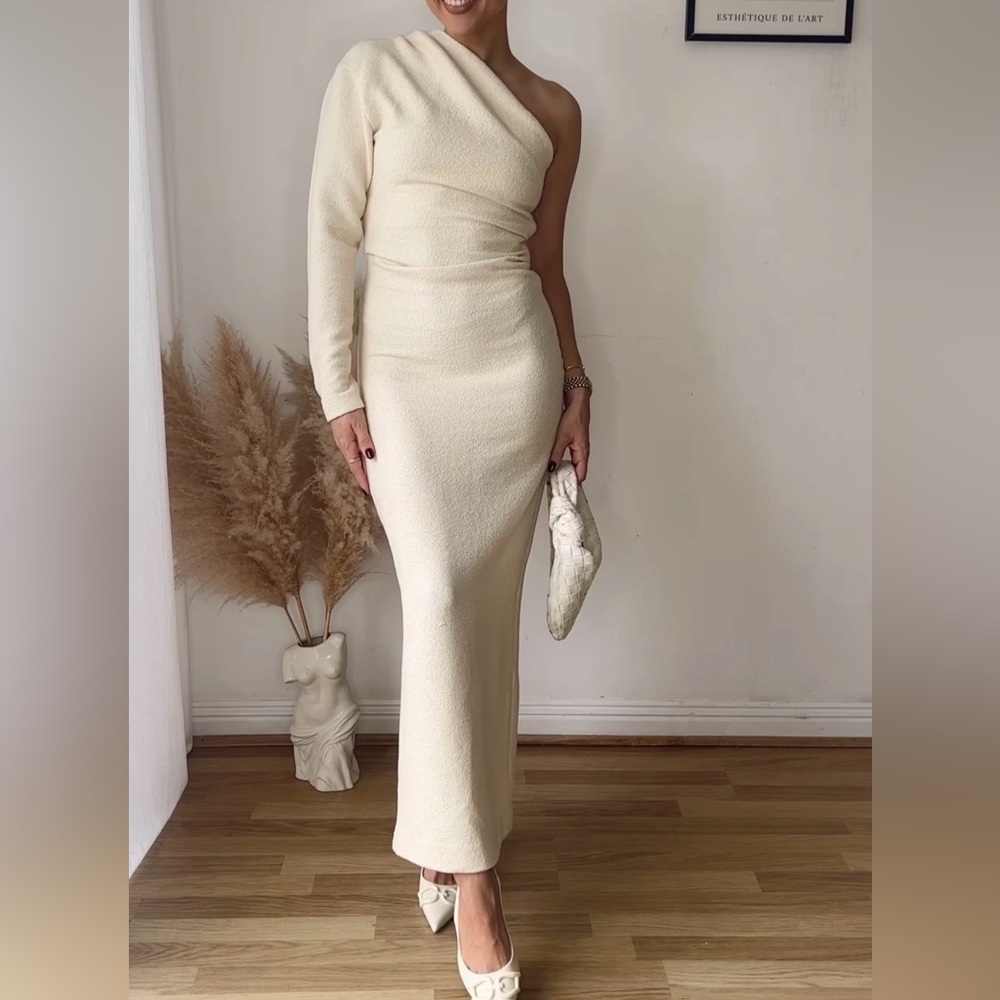 Zara Textured One Shoulder Midi Dress in Cream